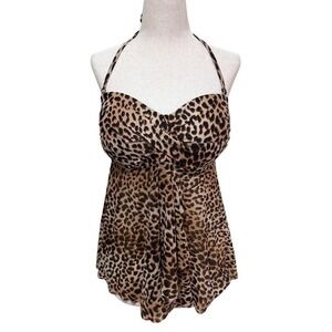 Y2K 2000s Leopard Print Mesh Halter Tankini‎ Swimsuit Top